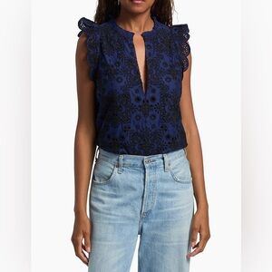 NWT Figue Maris Embroidered‎ Cotton Ruffle Top in Navy Black Eyelet Women’s XL